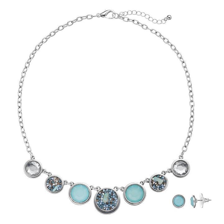 Blue Beaded Disc Necklace & Stud Earring Set, Women's, Turq/aqua