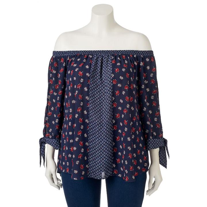 Juniors' Plus Size Heartsoul Print Off Shoulder Top, Girl's, Size: 1xl, Blue (navy)