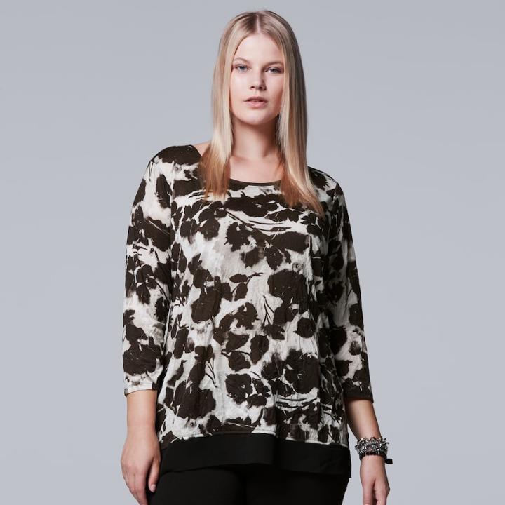 Plus Size Simply Vera Vera Wang Chiffon Trim Printed Top, Women's, Size: 2xl, Black