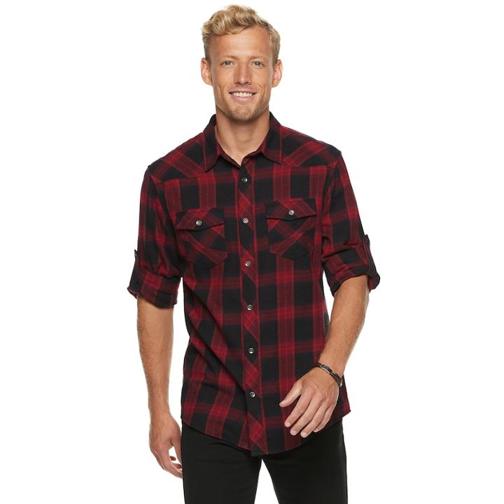 Men's Rock & Republic Plaid Button-down Flannel Shirt, Size: Medium, Black