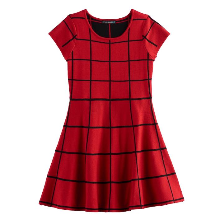 Girls 7-16 My Michelle Patterned Knit Sweater Skater Dress, Size: Xl, Red Black