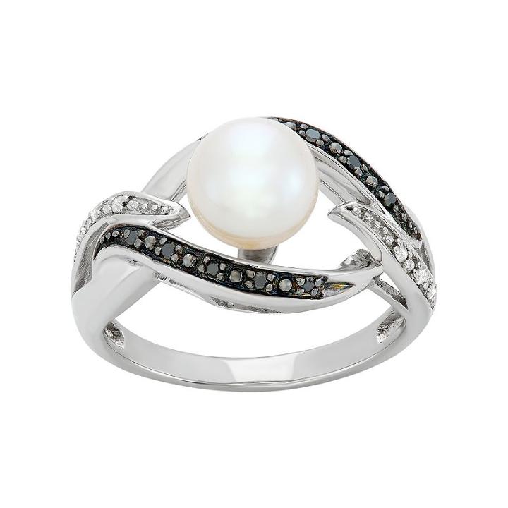 Freshwater Cultured Pearl, And Black And White Diamond Accent Sterling Silver Openwork Ring, Women's, Size: 6