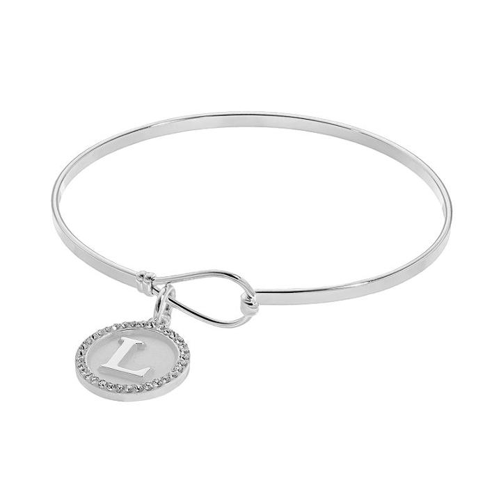 Silver-plated Crystal Halo Initial Charm Bangle Bracelet, Women's, Grey