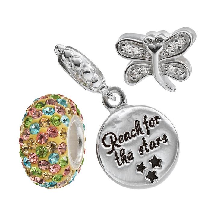 Individuality Beads Cubic Zirconia & Crystal Sterling Silver Dragonfly Bead & Reach For Stars Disc Charm Set, Women's, Green