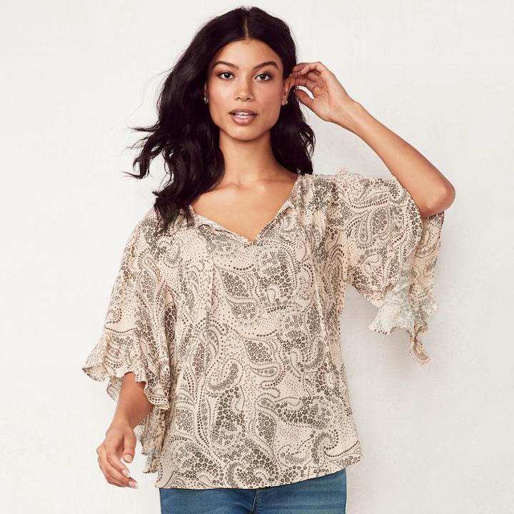 Women's Lc Lauren Conrad Print Flounce Sleeve Top, Size: Small, Med Beige