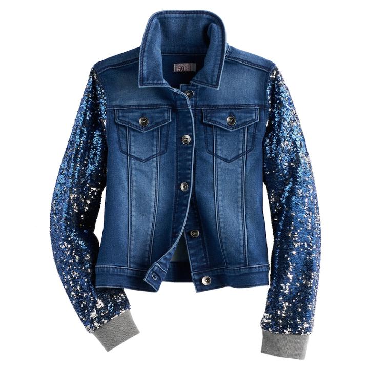 Girls Plus Size So&reg; Sequin Sleeve Denim Jacket, Size: 20 1/2, Med Blue