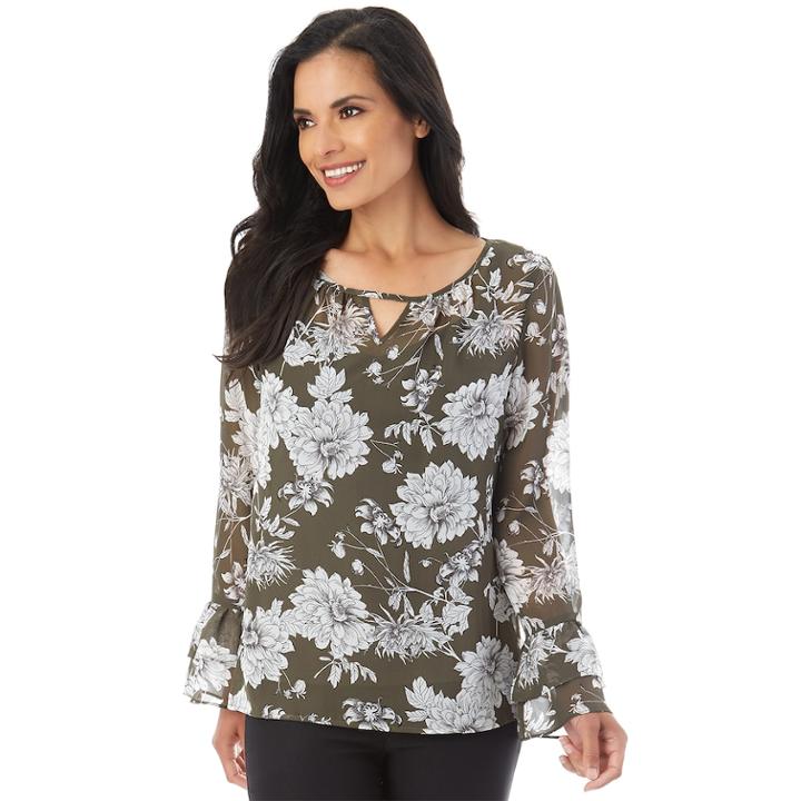 Women's Apt. 9&reg; Tiered Ruffle Sleeve Top, Size: Medium, Olive Print