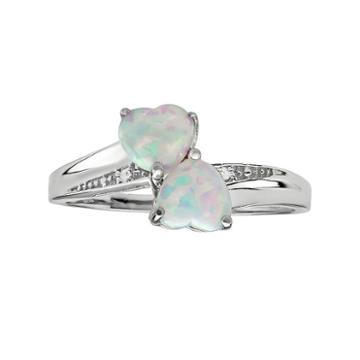 Sterling Silver Lab-created Opal And Diamond Accent Heart Bypass Ring, Women's, Size: 6, White