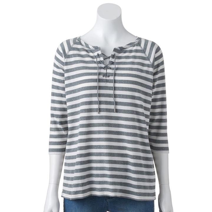 Women's Chaps Striped Lace-up Top, Size: Medium, Grey