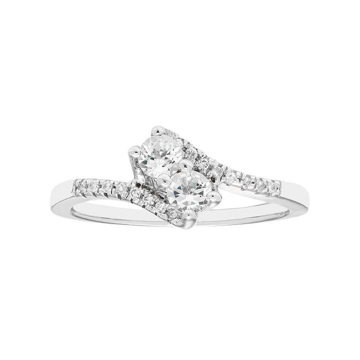 Sterling Silver White Topaz Two Stone & Diamond Accent Bypass Ring, Women's, Size: 9