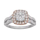 1 Carat T.w. Diamond 10k White Gold And 10k Rose Gold Over 10k White Gold Square Halo Ring, Women's, Size: 7