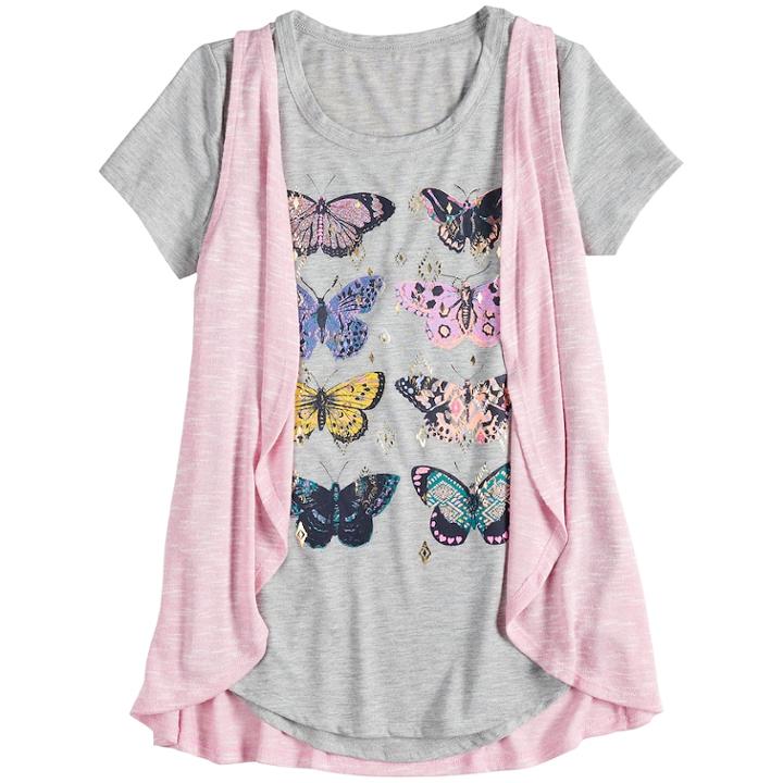 Girls 7-16 & Plus Size Mudd&reg; Graphic Print Tee & Vest Set, Size: 20 1/2, Grey