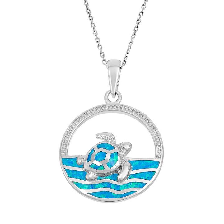 Lab-created Blue Opal Sterling Silver Turtle & Sea Pendant Necklace, Women's, Size: 18