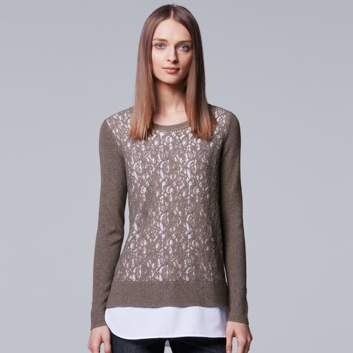 Women's Simply Vera Vera Wang Mock-layer Lace Sweater, Size: Xl, Lt Brown