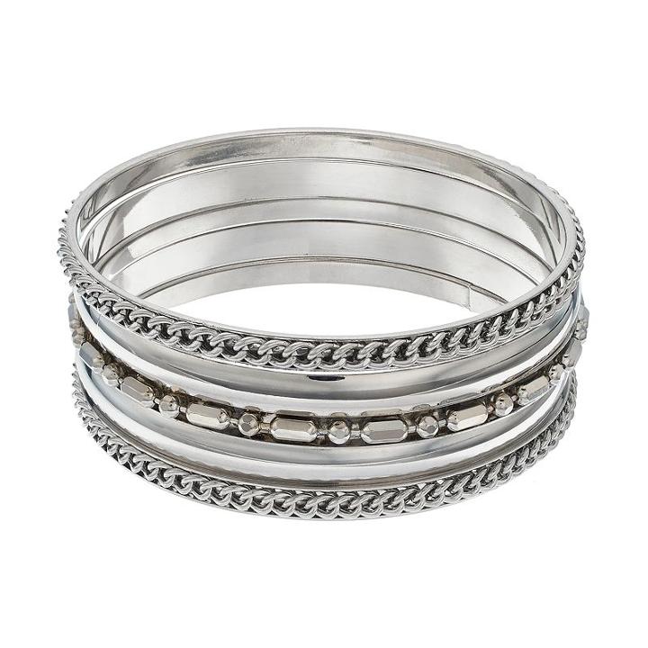 Beaded & Chain Inlay Bangle Bracelet Set, Women's, Silver