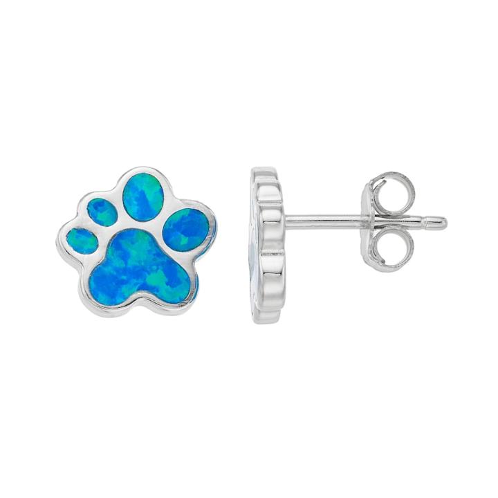 Sterling Silver Lab-created Blue Opal Paw Print Stud Earrings, Women's
