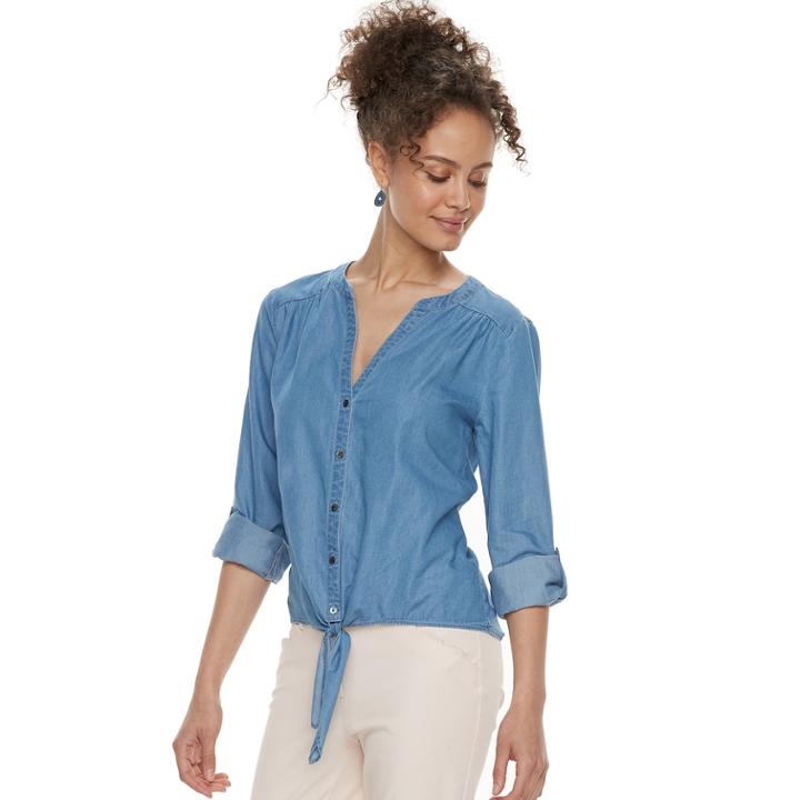 Juniors' Candie's&reg; Tie-front Chambray Top, Teens, Size: Xs, Med Blue
