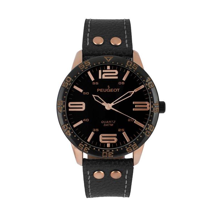 Peugeot Men's Sport Leather Watch, Black