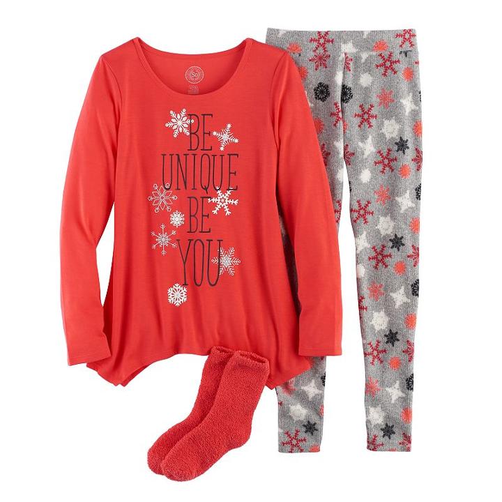 Girls 4-14 So® Be Unique Be You Handkerchief Hem Tunic, Thermal Fleece Leggings & Fuzzy Slipper Socks Pajama Set, Size: L(12), Brt Red
