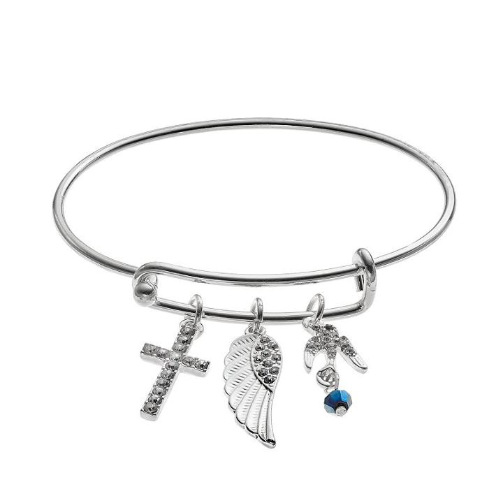 Cross, Dove & Wing Charm Bangle Bracelet, Women's, Silver