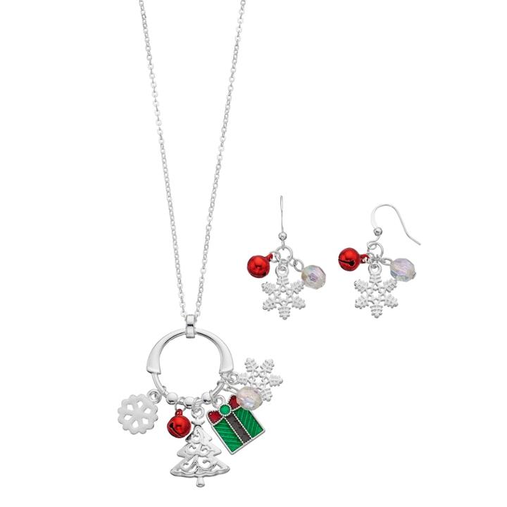 Snowflake, Christmas Tree & Gift Charm Necklace & Drop Earring Set, Women's, Multicolor