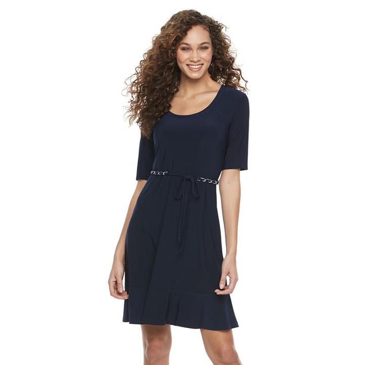 Women's Nina Leonard Belted Fit & Flare Dress, Size: Medium, Blue (navy)