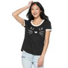 Juniors' Cat Face Ringer Tee, Teens, Size: Large, Black