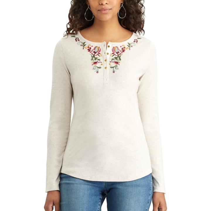 Petite Chaps Floral Embroidered Henley, Women's, Size: Xl Petite, Beig/green (beig/khaki)