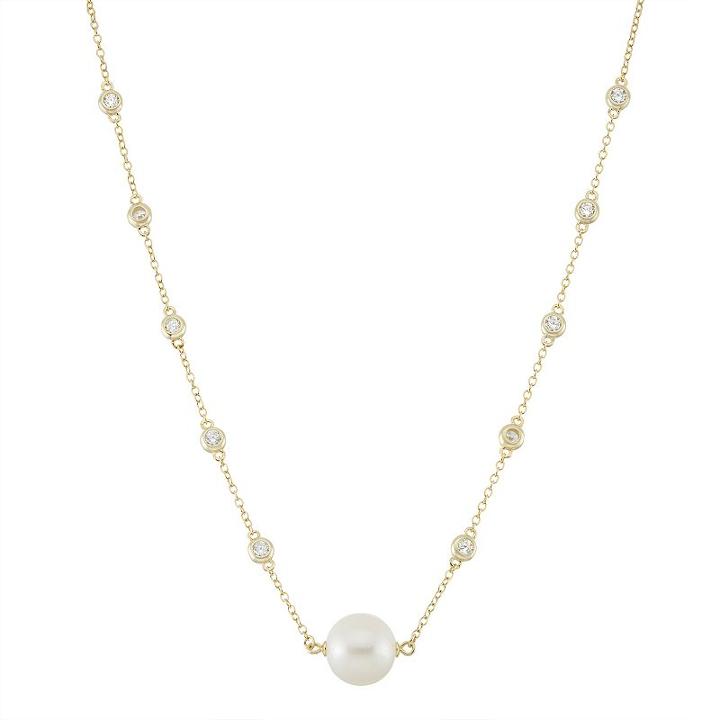 14k Gold Over Silver Freshwater Cultured Pearl & Cubic Zirconia Station Necklace, Women's, Size: 18, White