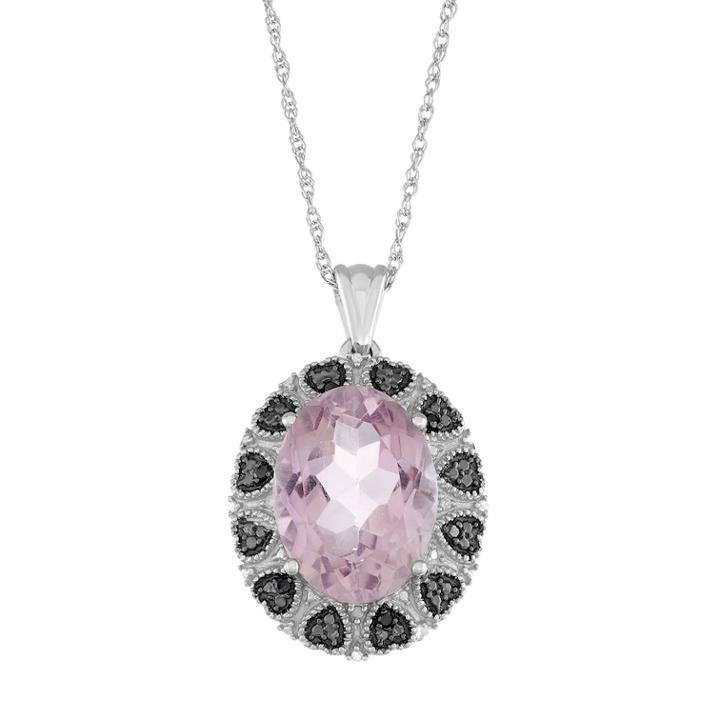Sterling Silver Pink Amethyst Black & White Diamond Accent Oval Pendant Necklace, Women's