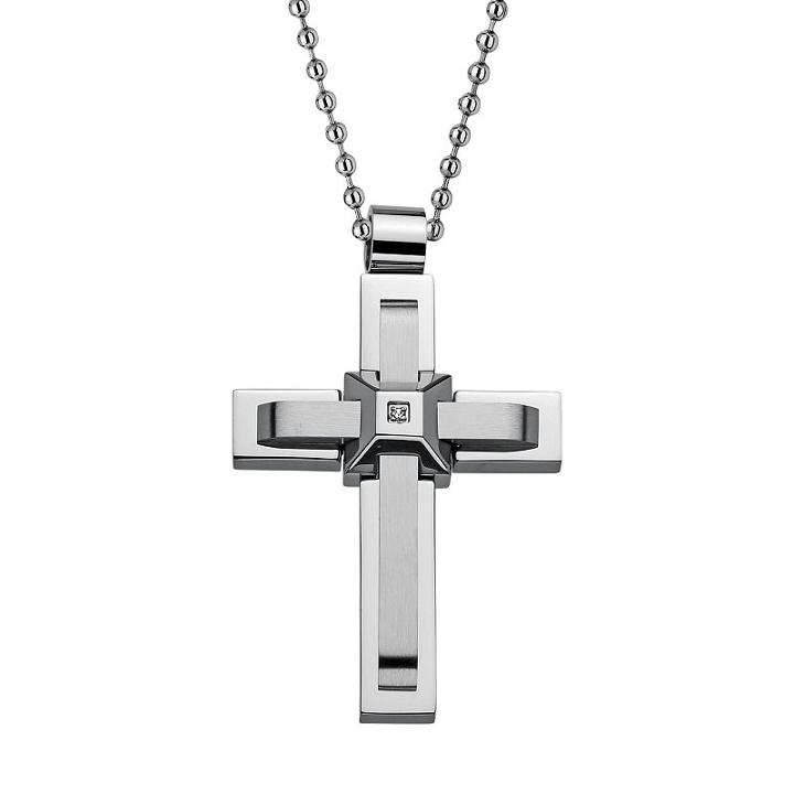 Cubic Zirconia Stainless Steel Cross Pendant Necklace - Men, Size: 22, White
