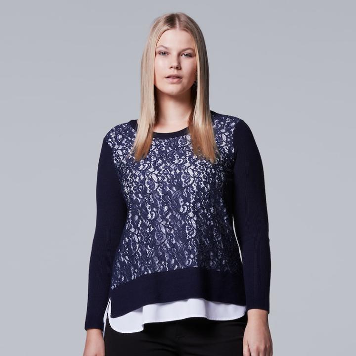 Plus Size Simply Vera Vera Wang Lace Crewneck Top, Women's, Size: 2xl, Dark Blue