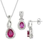 Lab-created Ruby And Diamond Accent Silver-plated Teardrop Halo Pendant Necklace And Drop Earring Set, Women's, Size: 18, Red