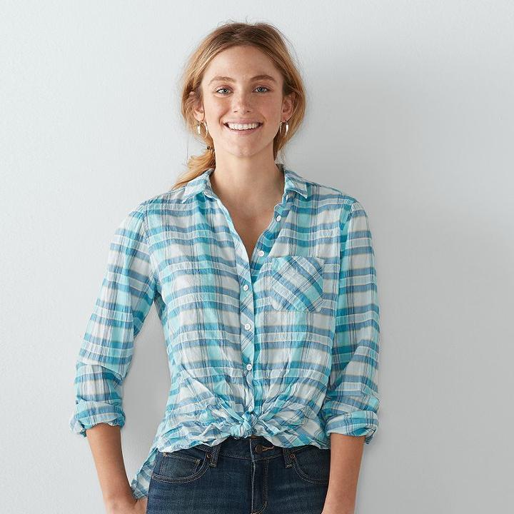 Women's Sonoma Goods For Life&trade; Plaid Tie-front Shirt, Size: Large, Med Blue