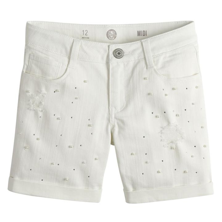 Girls 7-16 So&reg; Rolled Cuff Fashion Midi Denim Shorts, Size: 10, White