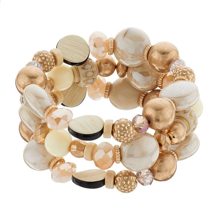 Brown Beaded Stretch Bracelet Set, Women's, Lt Beige