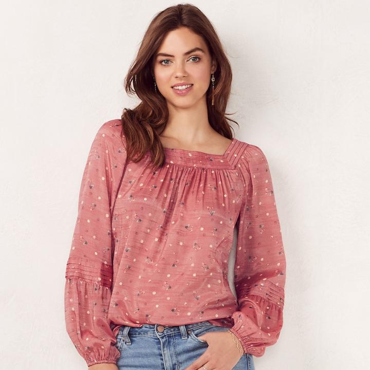 Women's Lc Lauren Conrad Love, Lauren Shirred Peasant Top, Size: Large, Dark Pink
