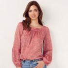 Women's Lc Lauren Conrad Love, Lauren Shirred Peasant Top, Size: Large, Dark Pink