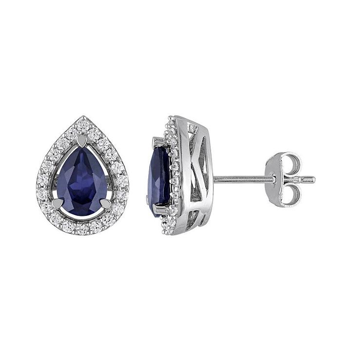 Lab-created Blue Sapphire And Lab-created White Sapphire Sterling Silver Teardrop Halo Stud Earrings, Women's