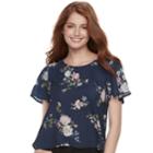 Juniors' Rewind Floral Flutter Top, Teens, Size: Medium, Blue