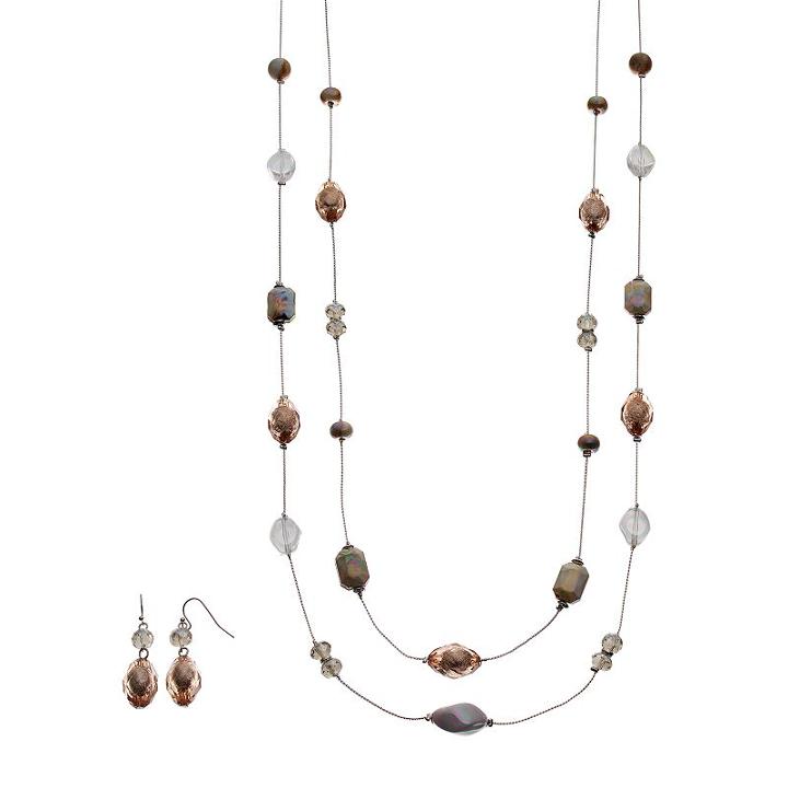 Beaded Double Strand Station Necklace & Drop Earring Set, Women's, Natural