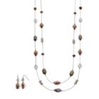 Beaded Double Strand Station Necklace & Drop Earring Set, Women's, Natural
