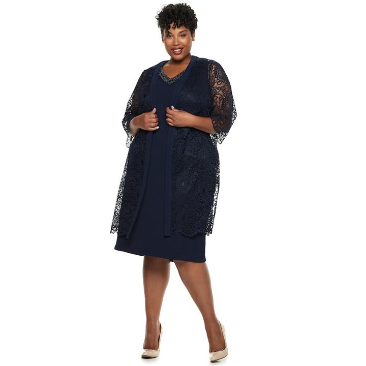 Plus Size Maya Brooke Beaded Lace Duster Jacket Dress, Women's, Size: 24 W, Blue (navy)