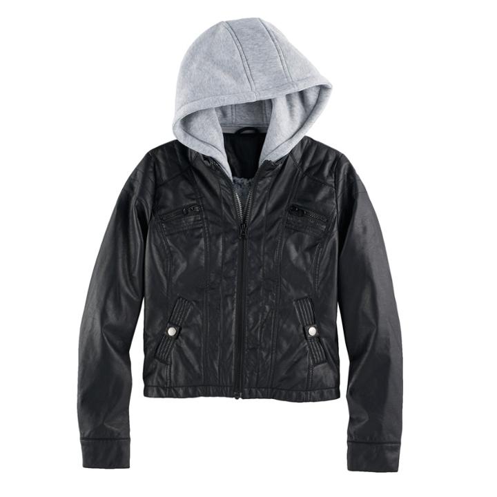 Girls 7-16 So&reg; Midweight Faux-leather Sweatshirt Hoodie Jacket, Size: 16, Black