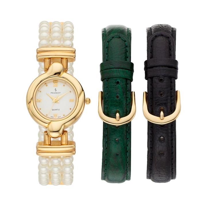 Peugeot Women's Simulated Pearl Watch & Interchangeable Leather Band Set - 528g-1, Size: Small, White