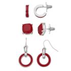 Red Stud, Semi-hoop & Circle Link Drop Earring Set, Women's, Med Red