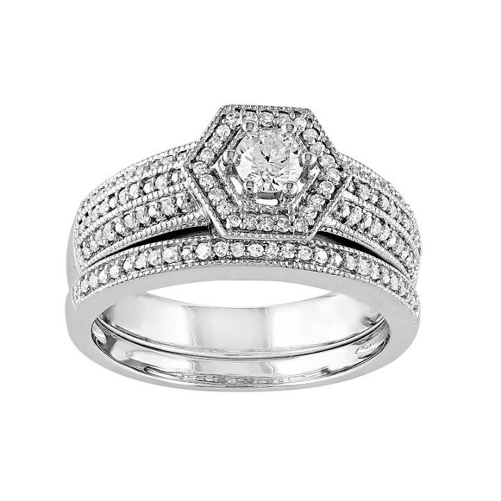 Diamond Halo Engagement Ring Set In 14k White Gold (1/2 Carat T.w.), Women's, Size: 9