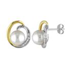 Freshwater Cultured Pearl & Diamond Accent Two Tone Sterling Silver Stud Earrings, Women's, White