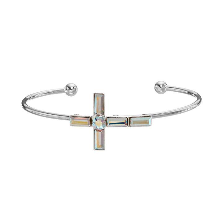 Brilliance Silver Plated Sideways Cross Cuff Bracelet With Swarovski Crystals, Women's, White