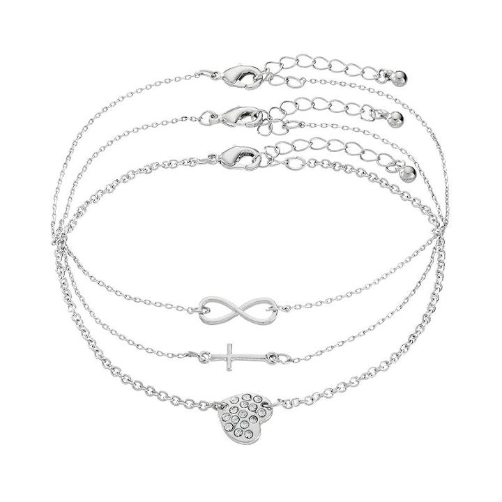 Mudd&reg; Heart, Cross & Infinity Anklet Set, Women's, Silver